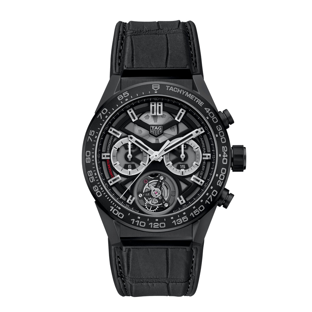 TAG Heuer Carrera Heuer 02 Tourbillon Automatic Mens Black Alligator, Rubber lined Chronograph