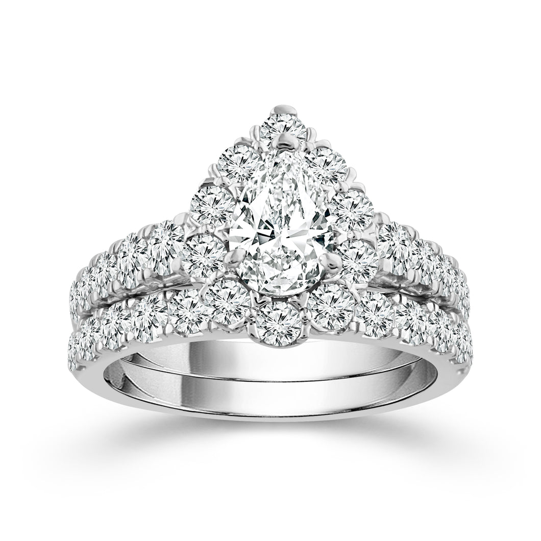 14K White Gold 2.00 CTW Halo Pear Diamond Ring and Band Set